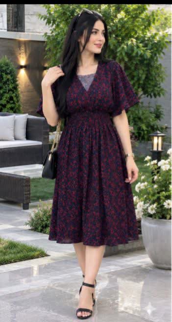 پیراهن نخی زنانه آستین کوتاه کمر کشی